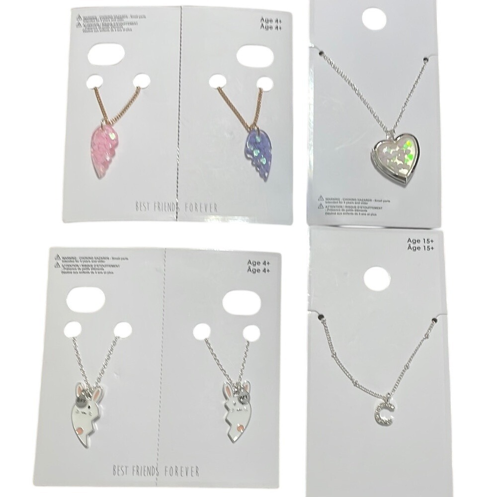 Kids BFF‎ Necklace Bundle Heart Locket Bunny Rabbit Initial C Wing 4-Pack New